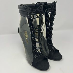 Black and transparent lace up booties